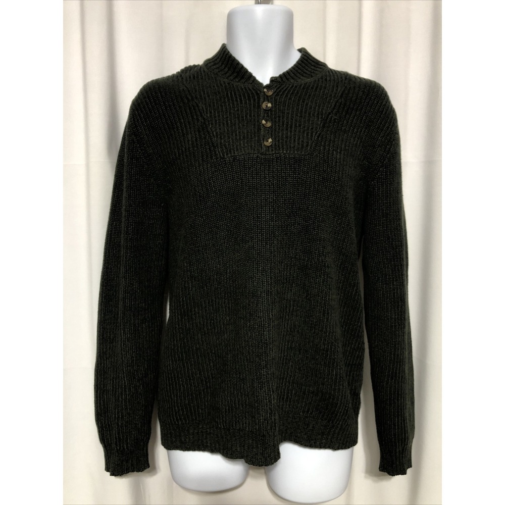 Unbranded Henley Sweater Mens L Olive Green Excellent Ribbed Knit 100% Cotton